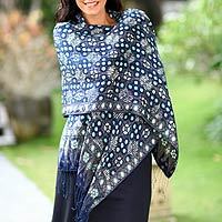 Silk batik shawl, 'Royal Art' - Blue Batik Silk Patterned Shawl