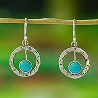 Turquoise dangle earrings, 'Eye of the Sea' - Handcrafted Modern Fine Silver and Natural Turquoise Earring
