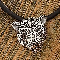 Sterling silver pendant necklace, 'Stylized Jaguar' - Sterling Silver Spotted Jaguar Pendant Necklace from Mexico