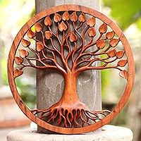 Wood relief panel, 'Magical Leaves' - Tree-Themed Suar Wood Relief Panel from Bali