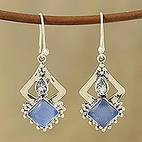 Chalcedony and blue topaz dangle earrings, 'Blue Creativity' - Chalcedony and Blue Topaz Dangle Earrings from India