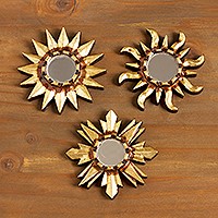 Mirrored wood wall accents, 'Ancient Suns in Bronze' (set of 3) - 3 Mirrored Wall Accents with Bronze Leaf and Sun Motifs