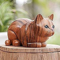 Wood statuette, 'Lazy Cat' - Hand Painted Suar Wood Cat Statuette