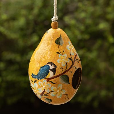 Hand Painted Cut Dried Gourd Birdhouse from Peru, 'Citrus Condo'