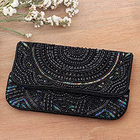 Embellished silk clutch, 'City Nights' - Artisan Crafted Beaded Silk Clutch from India