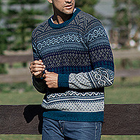 Men's 100% alpaca pullover, 'Gallant Adventures' - Men's Soft Teal and Blue 100% Alpaca Pullover from Peru