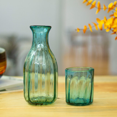 Handblown 2-Piece Mint Green Recycled Carafe and Glass Set, 'Mint Billow'