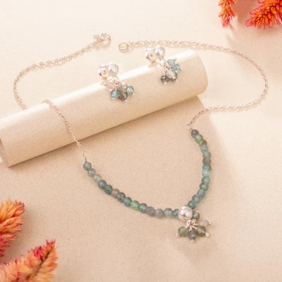 Natural Apatite Beaded Necklace and Earrings Jewelry Set, 'Sagacious Breeze'