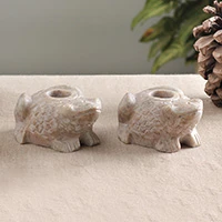Soapstone candle holders, 'Charming Frogs' (pair) - Pair of Frog-Shaped Hand-Carved Soapstone Candle Holders