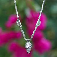 Silver beaded pendant necklace, 'Pleated Charm' - Hill Tribe Silver Beaded Necklace with Pleated Pendant