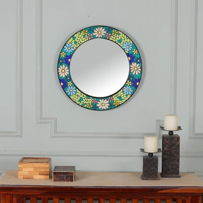 Blue and Green Flower-Patterned Round Ceramic Mosaic Mirror, 'Cycle of Celestial Blooms'