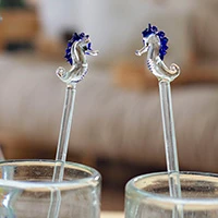 Handblown recycled glass drink stirrers, 'Seahorse Cheers' (pair) - 2 Seahorse-Themed Handblown Recycled Glass Drink Stirrers