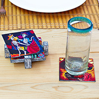 Decoupage wood coasters, 'Day of the Dead Essence' (set of 6) - Set of 6 Day of the Dead-Inspired Decoupage on Wood Coasters