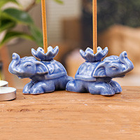 Celadon ceramic incense holders, 'Blue Pachyderm Beauty' (pair) - Pair of Blue Celadon Ceramic Elephant Incense Holders