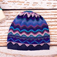 100% baby alpaca hat, 'Blue Andean Vista' - 100% Baby Alpaca Knit Hat with Wavy and Geometric Motifs
